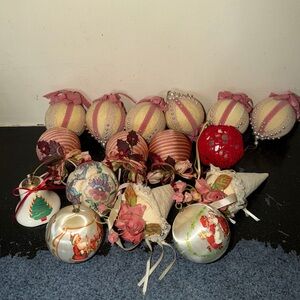 collection of vintage handmade "silk spun" or "satin" push-pin ornaments